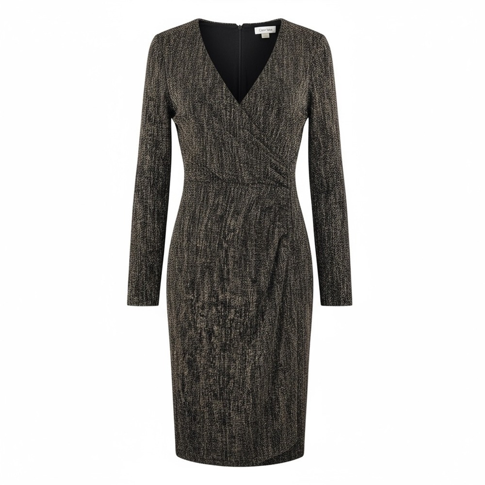 Calvin Klein Black Gold Metallic Long Sleeve Sheath Dress cocktail sparkly sz 6